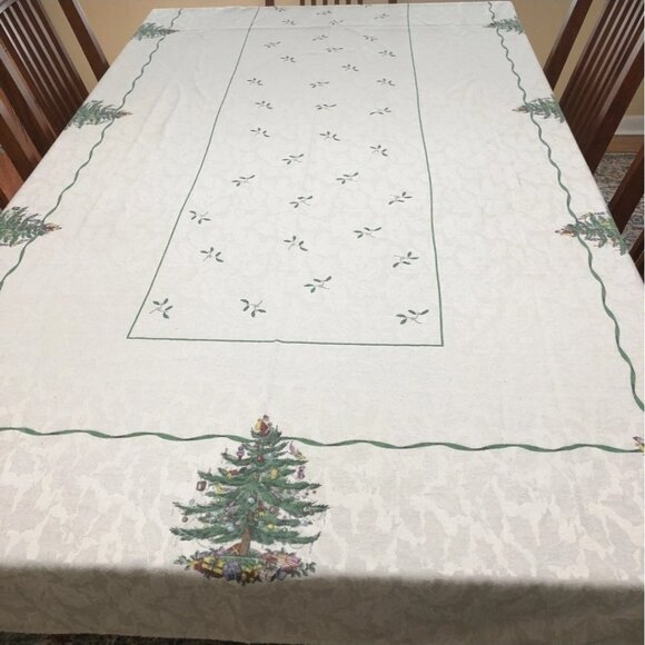 Spode Tablecloth Christmas Tree Santa Top Huge Banquet Size 57" x 140" Holidays - Picture 1 of 5